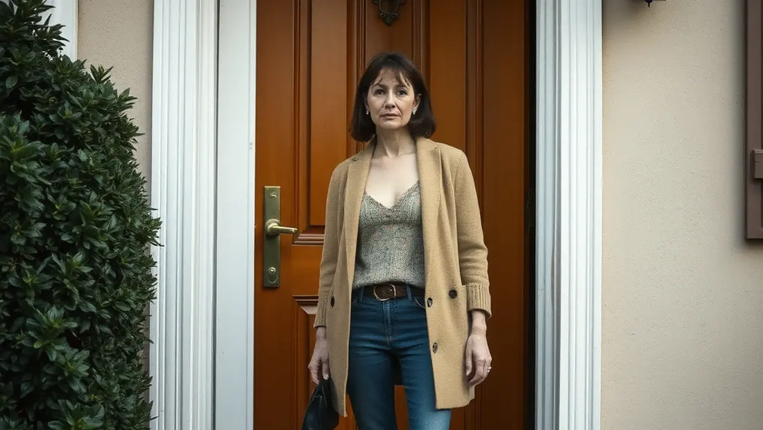 Une femme devant une porte d'entrée de maison.