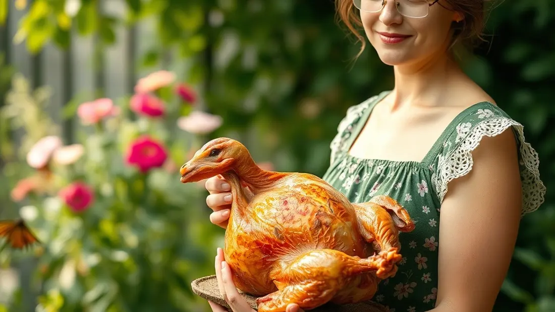 Une femme avec un poulet dans un jardin fleuri.