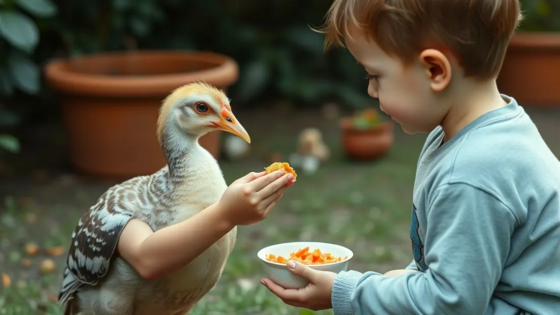 Un enfant nourrit une poule dans un jardin.