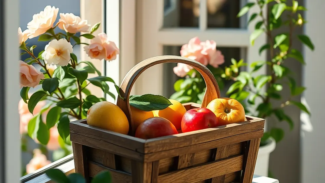 Un panier de fruits sur un balcon ensoleillé