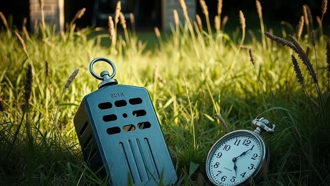Jardin avec pelleteuse abandonnée et horloge indiquant 15h45