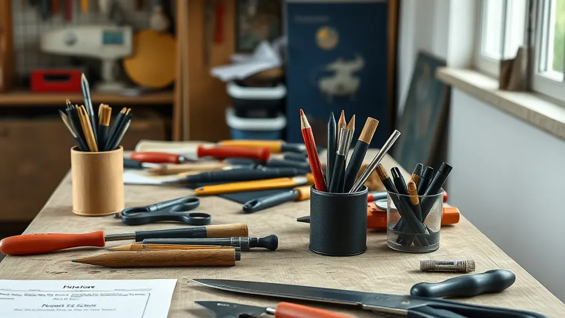 Matériel de bricolage sur une table.