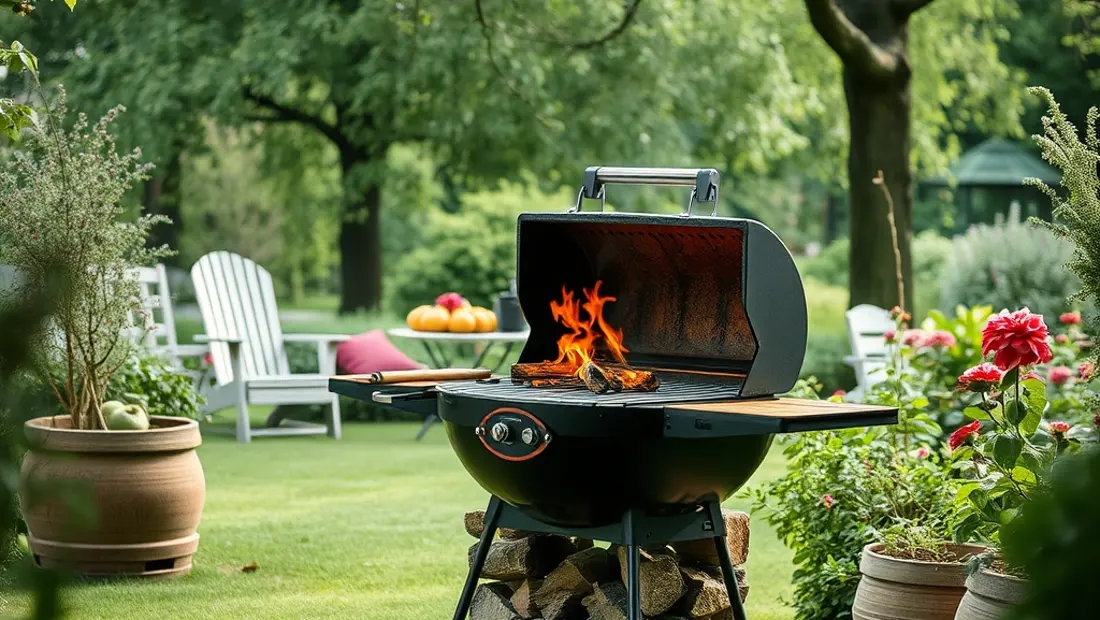 Barbecue en briques avec cheminée dans un jardin.