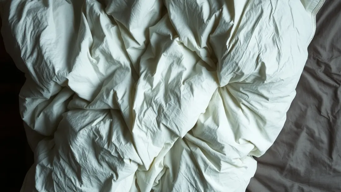Couette jaunie sur un lit en bois sombre.