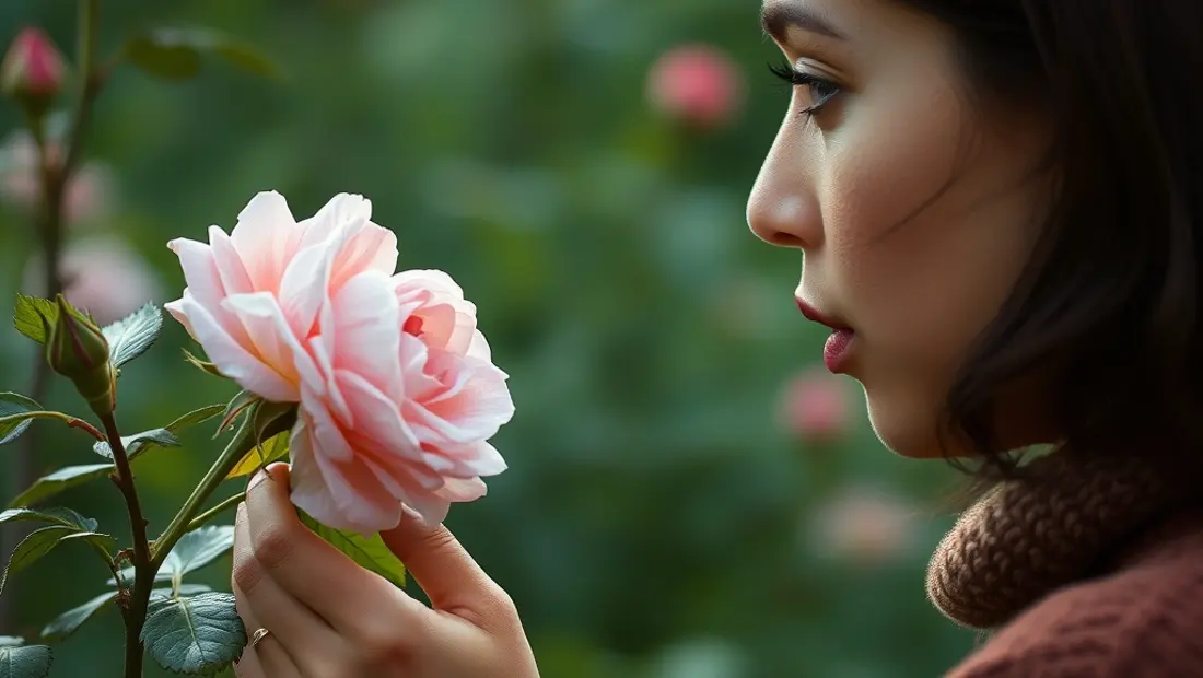 Une personne s'approchant d'un rosier en fleur.