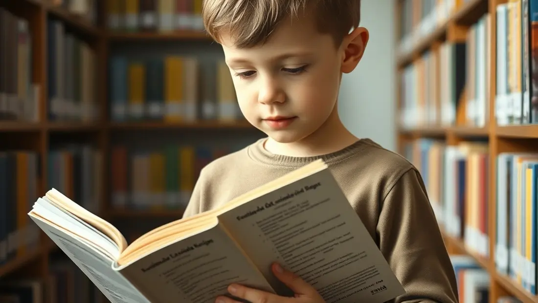 Enfant lisant un livre de recettes dans une bibliothèque.