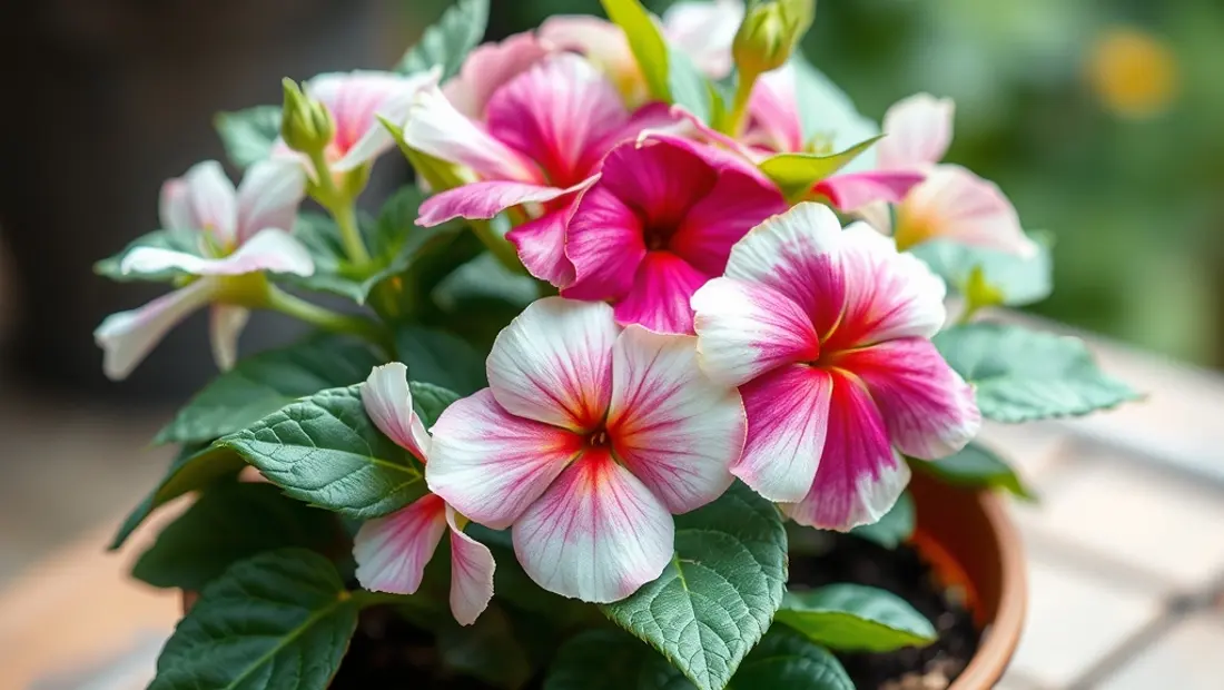 Plante en pot avec fleurs colorées.