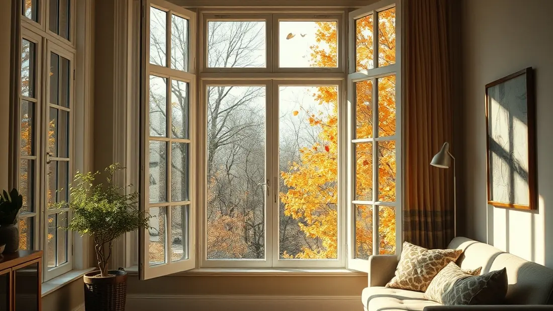Un intérieur avec des fenêtres ouvertes et des feuilles qui tombent.