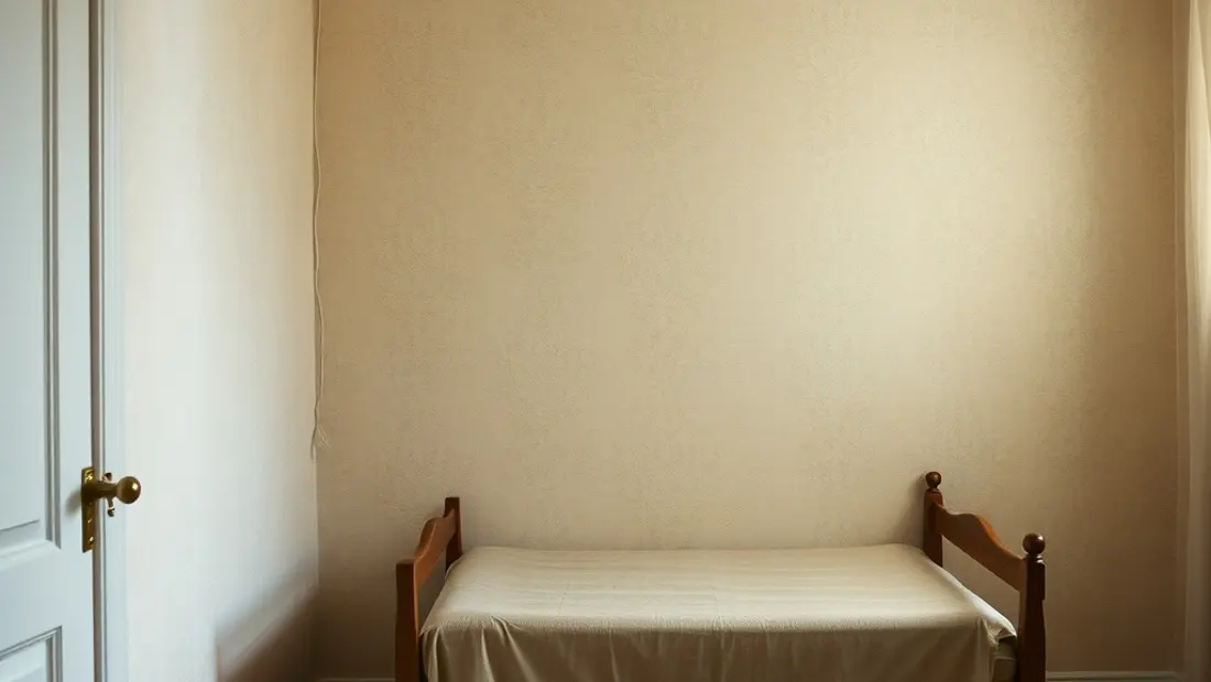 Intérieur de chambre avec papier peint coupé et intact.