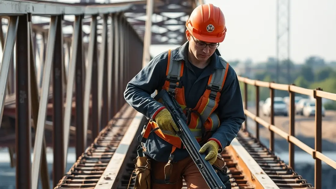 Ouvrier BTP en train de construire un pont métallique