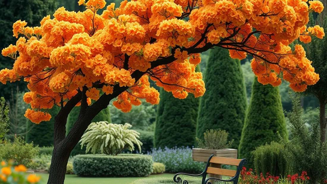 Arbre fleuri dans un jardin.