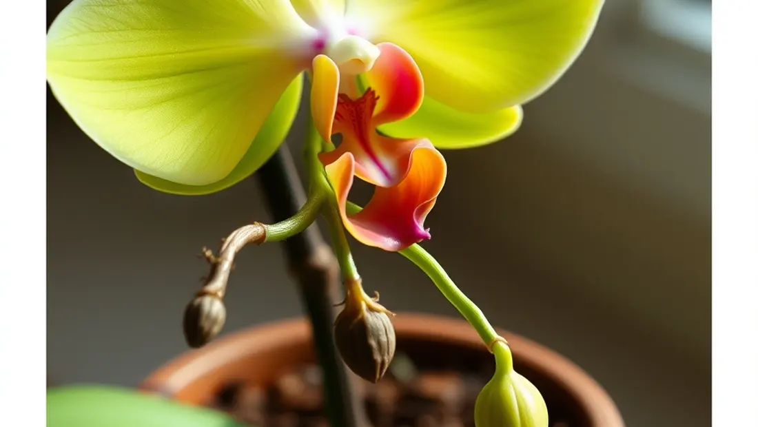 Détail d'orchidée avec feuilles et tiges sèches