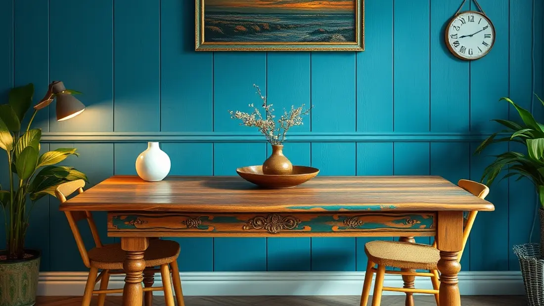 Table avec panneau peint en couleurs vives