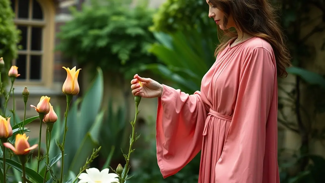 Femme cueille une fleur dans un jardin ancien