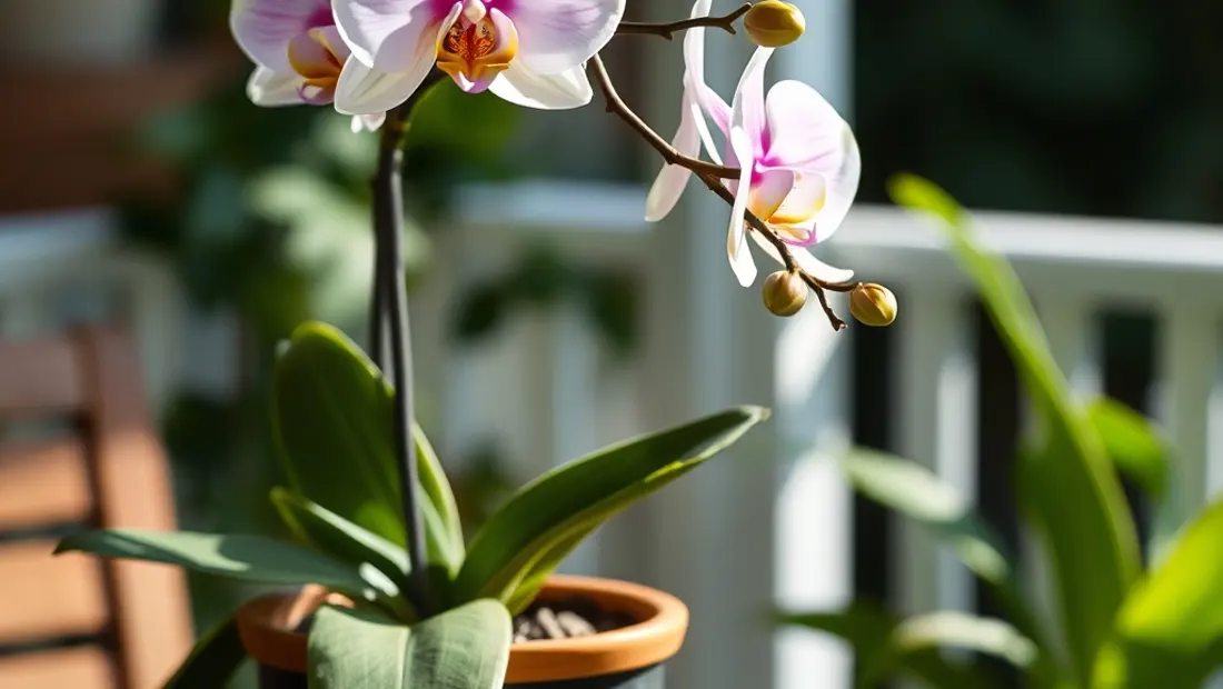 Orchidée en pot sur une table de jardin.