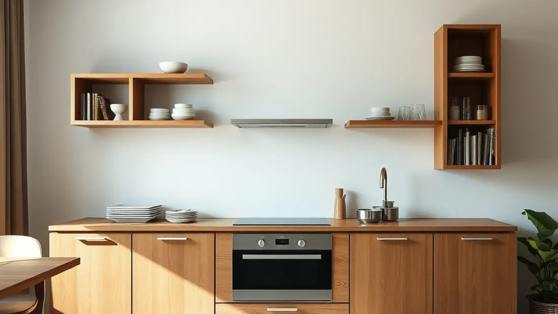 Buffet de cuisine moderne avec étagères et tiroirs.