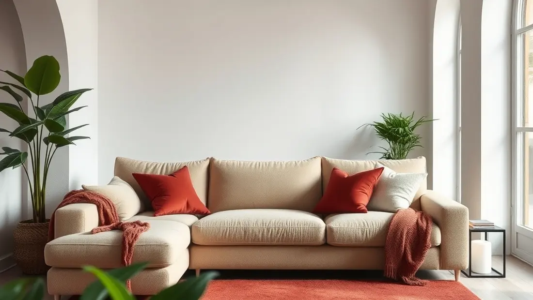 Salon avec canapé beige et plantes vertes.