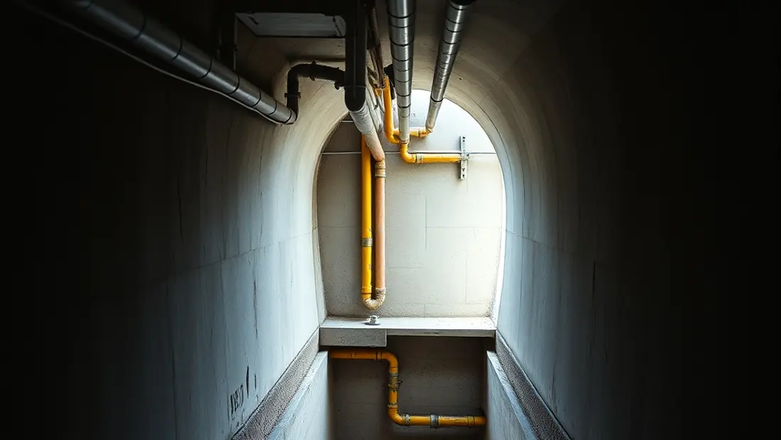 Couloir de construction avec tuyaux et canalisations.