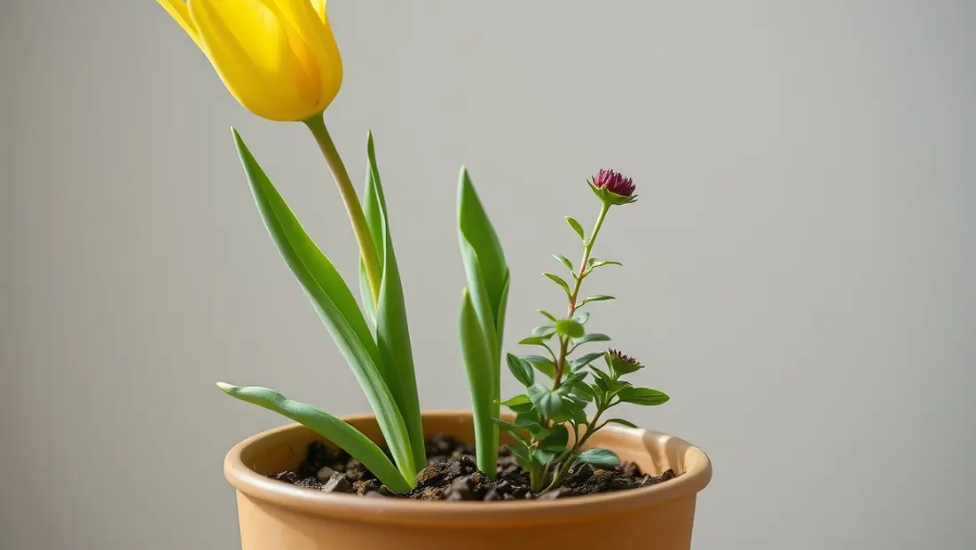 Fleur de tulipe et menthe dans un pot.