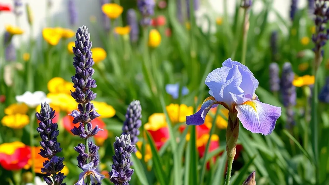 Lavande et iris dans un jardin fleuri.