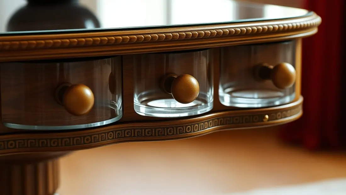 Console à 3 avec tiroirs en verre et poignées en cuivre.