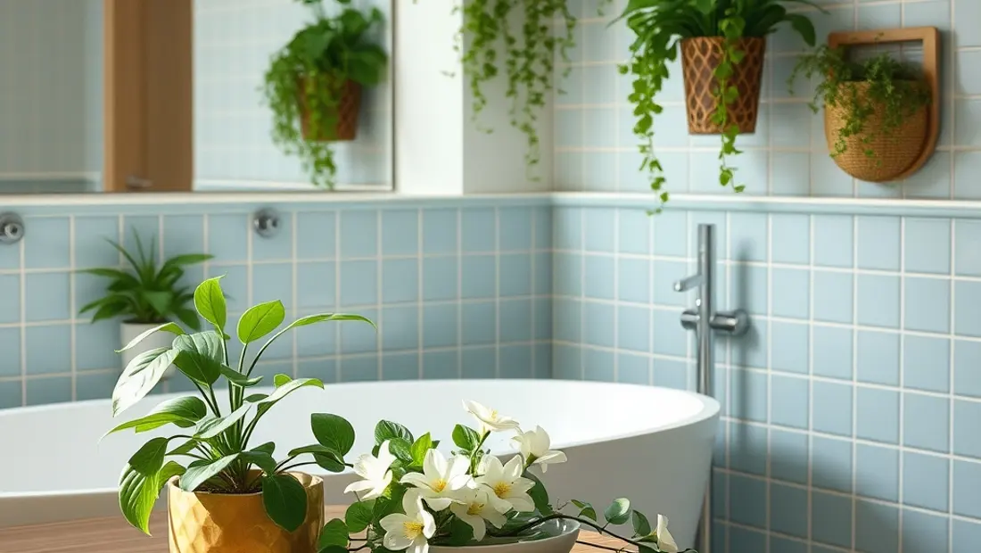 Salle de bain avec plantes et fleurs