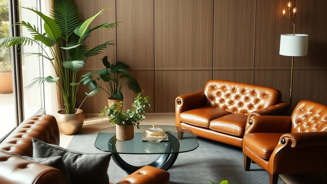 Salon élégant avec mobilier et plantes